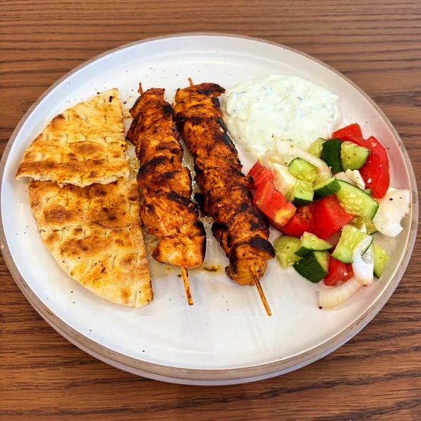 Chicken Souvlaki with Tzatziki, Pita & Greek Salad